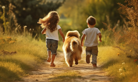 Two happy kids are having fun with pet outdoors. Little children playing in the park with a dog on a sunny day. Spend time with animal concept.の素材