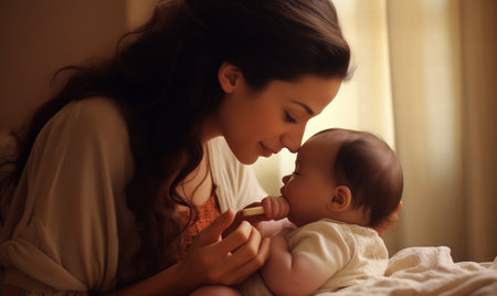 Happy young caucasian mom hug cuddle with little baby kid daughter at home. Smiling mother embrace small newborn toddler child show love care. Motherhood concept.の素材