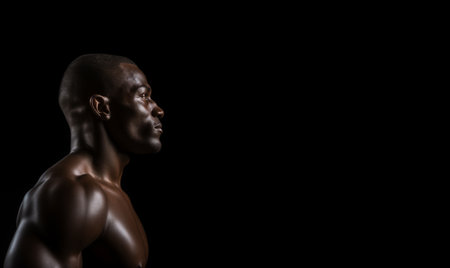 Studio shot of muscular man posing. Shirtless male African model with muscular build. Side view of fit young American African man. Muscular young man against a black background with copy space.の素材
