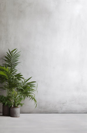 Branches with green leaves at edge on concrete wall. Stylish background. Advertising board, poster mockup for design. Empty template with white gray wall background, green exotic foliage, palm leaves.の素材