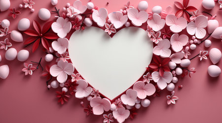 Valentines day greeting card or festive wallpaper. Abstract background of hearts with flowers in pink colors. Valentines Day heart pattern background with place for your text. Illustration for design.の素材