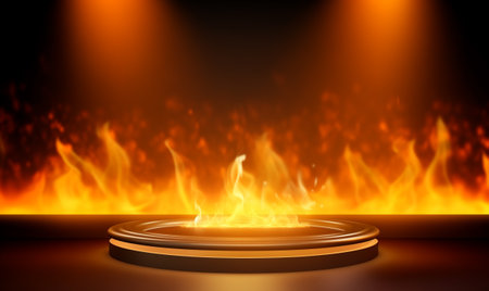 3d Empty podium on dark background with smoke bokeh. illustration for showcase products with fire and flame on gray background with copy space.の素材