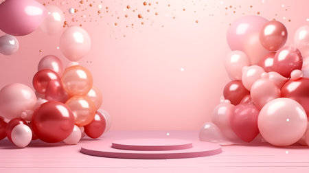 3d Empty podium on bright background with pink air balloons. Mockup for Product Presentation Brand design, cosmetics, empty pedestals, and product banner. Digital illustration with copy space.の素材