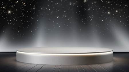 Premium pedestal, silver round pedestal on luxury minimal in Studio. Mockup for Product Presentation Brand design, cosmetics, empty pedestals, and product banner. Digital illustration with copy space.の素材