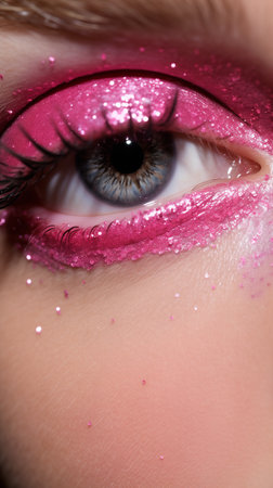Close up Woman with glitter glitzy face holiday makeup. Girl with perfect skin and pink smoky eyes eye shadows. Beautyful girl with pink and silver glitter on her face and body. False Lashes.の素材