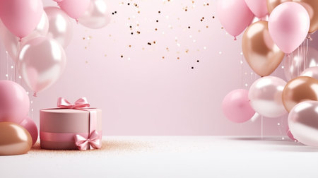 3d Empty podium on bright background with pink air balloons. Mockup for Product Presentation Brand design, cosmetics, empty pedestals, and product banner. Digital illustration with copy space.の素材