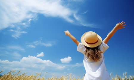 Rear view of child outdoors in summer with blue sky background. Relaxed girl in straw hat breathing fresh air raising arms over blue sky at summer. Dreaming, freedom and traveling concept.の素材