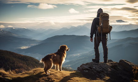 Tourist stands on the edge of the cliff with a dog against the backdrop of incredible sunrise mountains with flowing fog. Man with a dog in the mountains. Traveling with a pet, friends, adventure concept.の素材