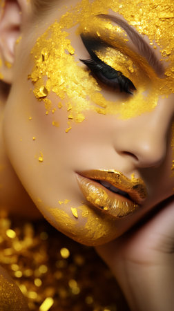 Close up Woman with glitter glitzy face holiday makeup. Girl with perfect skin and yellow smoky eyes eye shadows. Beautyful girl with yellow and gold glitter on her face and body. False Lashes.の素材