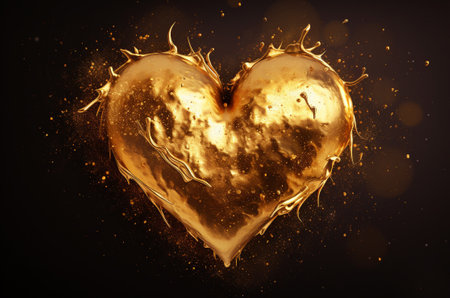 Glitter gold heart with golden light splashes on black background. Gold luxury shiny design heart element with glitter effect for Valentines Day background with copy space.の素材
