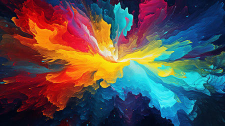 Vibrant abstract background with mixing and swirling of paint liquid. Colored floating liquid in the various colors. Paint colorful splashes background with color palette.の素材