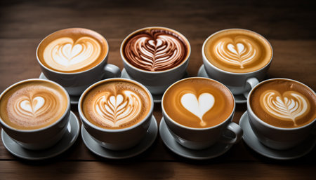 Cup of hot coffee with beautiful Latte art. Assortment of coffee mugs with hearts latte art on wooden background with copy space.の素材