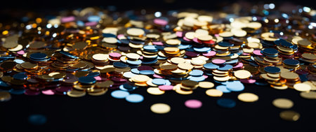 Holiday Decor. Vibrant gold confetti on dark background. Festive design with copy space for your text. Metallic glitter foil confetti on black.の素材