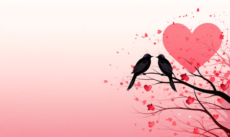 Concept of love and valentine day. Birds perched on a branch of a tree in spring season. Valentines day card with cute couple of birds and copy space. Illustration with two birds on heart background.の素材