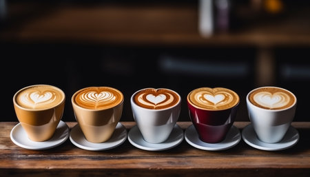Cup of hot coffee with beautiful Latte art. Assortment of coffee mugs with hearts latte art on wooden background with copy space.の素材