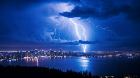 Night cityscape with strong lightning, majestic view on town in dark stormy night, dramatic sky scape with bright zipper. Lightning storm over city in blue light.の素材