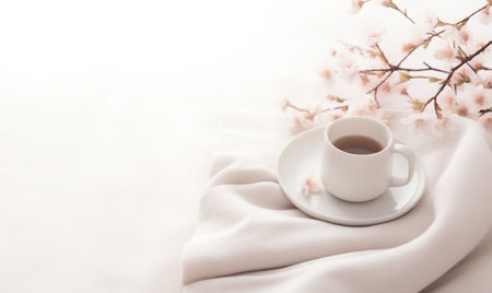 Valentines day greeting card or festive wallpaper. Pink background with pink flowers and cup of coffee. Women or Mother Day background with place for text. Lovely morning card with coffee and flowers.の素材