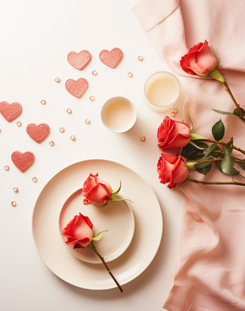 Valentines Day table setting with festive decor and red rose flowers. Romantic table setting with beige plates and cutlery on background with copy space. Romantic dating, flat lay.の素材