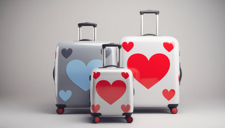 Large suitcases stand in front of the background with empty wall for your text. Gray suitcases with big red hearts on it. The concept of traveling for Valentines Day or trip as a gift for lovers.の素材
