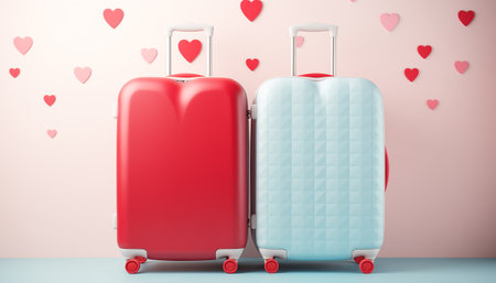 Large suitcases stand in front of the hearts background with copy space. Red and blue suitcases for traveling on Valentines Day. The concept of trip or suitcases as a gifts for lovers.の素材