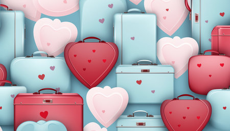 Pink, red and blue suitcases background with copy space for your text. Blue and red suitcases with tiny hearts on it. The concept of traveling for Valentines Day or trip as a gift for lovers.の素材