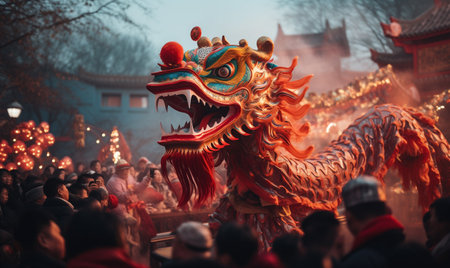 Celebrating Chinese lunar new year festival. The beautifully decorated dragon performing its traditional Chinese New Year dragon dance. Lively chinese new year dragon puppet in a bustling street.の素材