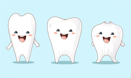 Collection of tooth cartoon character design icons. Set of white teeth, cartoon watercolor style with simple background. Dental card with copy space. Oral dental hygiene. illustration.の素材