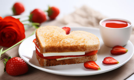 Valentines Day breakfast concept card with copy space. Heart shaped toasts with fresh strawberry and butter with red rose background. Bread with berries and fruit tea. Sandwich for Mothers day.の素材