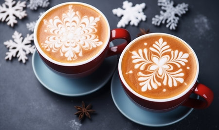 Cup of hot coffee with beautiful Latte art. Assortment of coffee mugs with snowflake latte art on dark background with copy space.の素材