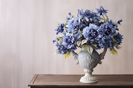 Flowers in elegant vase. The decor of the room with fresh roses. Big bouquet of blue flowers on pedestal with copy space. Wedding floral decoration. A simple arrangement of roses for anniversary.の素材