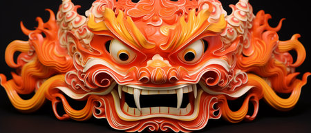 Costume for holiday celebration on black. Close-up view of Chinese dragon mask during celebrations dedicated to Chinese holidays. Traditional Chinese new year dragon dance mask with intricate design.の素材