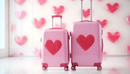 Large suitcases stand in front of the hearts background with copy space. Pink suitcases with big hearts on it. The concept of traveling for Valentines Day, trip or suitcases as a gifts for lovers.の素材