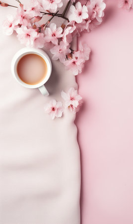 Valentines day greeting card or festive wallpaper. Pink background with pink flowers and cup of coffee. Women or Mother Day background with place for text. Lovely morning card with coffee and flowers.の素材
