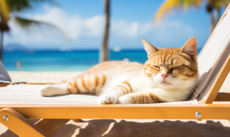 Funny cat on the background of the sea or ocean with copy space. Portrait of cute ginger shorthair cat lying on the beach in summer. Summertime travel with pets concept.の素材