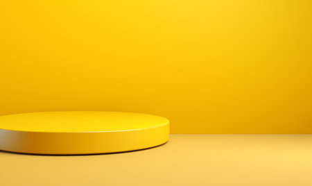 Yellow round pedestal on yellow minimal in Studio. Mockup for Product Presentation Brand design, cosmetics, empty pedestals, and product banner. Digital illustration with copy space.の素材