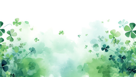 Closeup and crop shamrock plants on bokeh with space for texts and green background. Saint Patricks Day greeting card and poster. Web banner design. Green watercolor illustration for st Patricks day.の素材