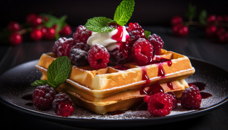 Tasty Belgian waffle with fresh berries served on wooden table. Belgian Waffle with raspberries and mint. Culinary, cooking, bakery concept. Food recipe background. Close up.の素材
