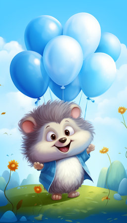 Illustration of cute hedgehog with balls, cartoon design. Funny portrait of happy smiling hedgehog on blue heaven background with air balloons. Children Birthday card with copy space.の素材