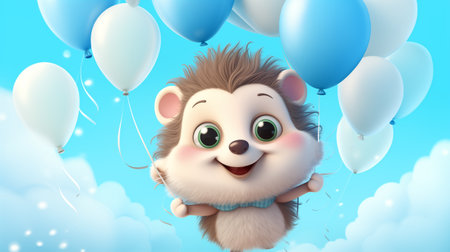 Illustration of cute hedgehog with balls, cartoon design. Funny portrait of happy smiling hedgehog on blue heaven background with air balloons. Children Birthday card with copy space.の素材