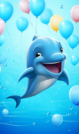 Illustration of cute dolphin with balls, cartoon design. Funny portrait of happy smiling dolphin on blue water background with air balloons. Children Birthday card with copy space.の素材