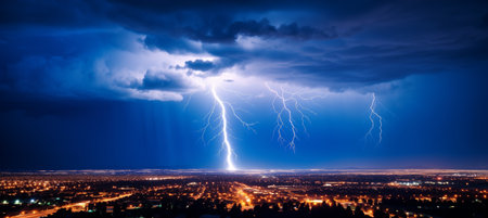 Night cityscape with strong lightning, majestic view on town in dark stormy night, dramatic sky scape with bright zipper. Lightning storm over city in blue light.の素材