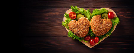 Valentines Day breakfast concept card with copy space. Two sandwiches with meats on wooden table. Burgers with fried, greenery, cutlets and tomatoes on heart shaped wooden tray.の素材