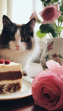 Cat sitting and looking at the cake on the table. Cats birthday. Cute cat at a party cake with pink flowers at home. Greeting card, birthday, anniversary or holiday concept. Confectionery, bakeryの素材