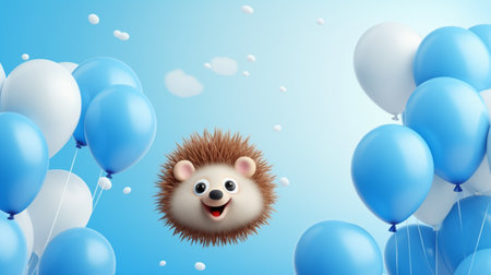 Illustration of cute hedgehog with balls, cartoon design. Funny portrait of happy smiling hedgehog on blue heaven background with air balloons. Children Birthday card with copy space.の素材