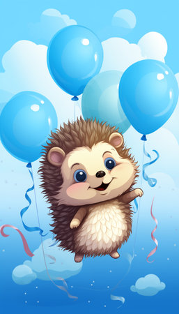 Illustration of cute hedgehog with balls, cartoon design. Funny portrait of happy smiling hedgehog on blue heaven background with air balloons. Children Birthday card with copy space.の素材