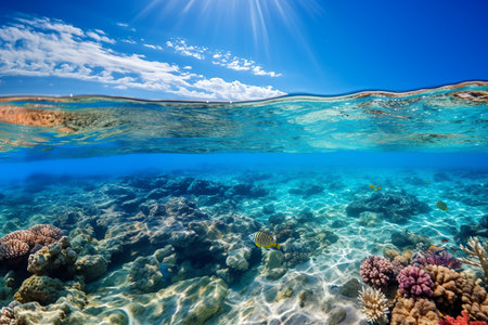 Underwater and surface view over the sea and coral reef with tropical fish. Vibrant underwater and overwater views sea life, beach and sky on a sunny summer day.の素材