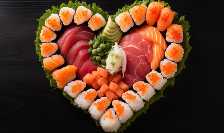 Heart shaped sushi plate of many types of sushi. A valentines day special dish for dinner. Set of heart shaped rolls for online restaurant menu on dark background. Sushi on tray in shape of heart.の素材
