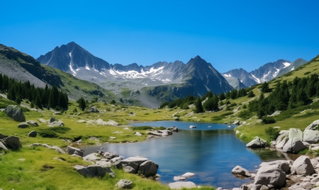 Lakes with amazing view on mountain range. Reflection in water. Beautiful turquoise lake in mountains, hiking destination in summer. High mountain landscape with small lake, white clouds on blue sky.の素材