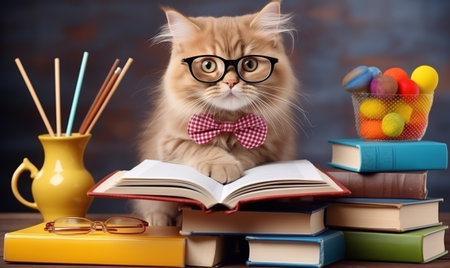 A cat in a bow tie and round glasses with a stack of books. The concept of education, back to school. Smart funny cat in glasses sitting with books, reading and studying smiling on books background.の素材