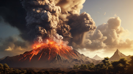 Powerful daytime volcano eruption. Side view of the crater opening with flowing lava. Clouds and steam in the sky. Big explosion.の素材